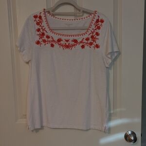 Talbots White Tee with Red Floral Embroidery